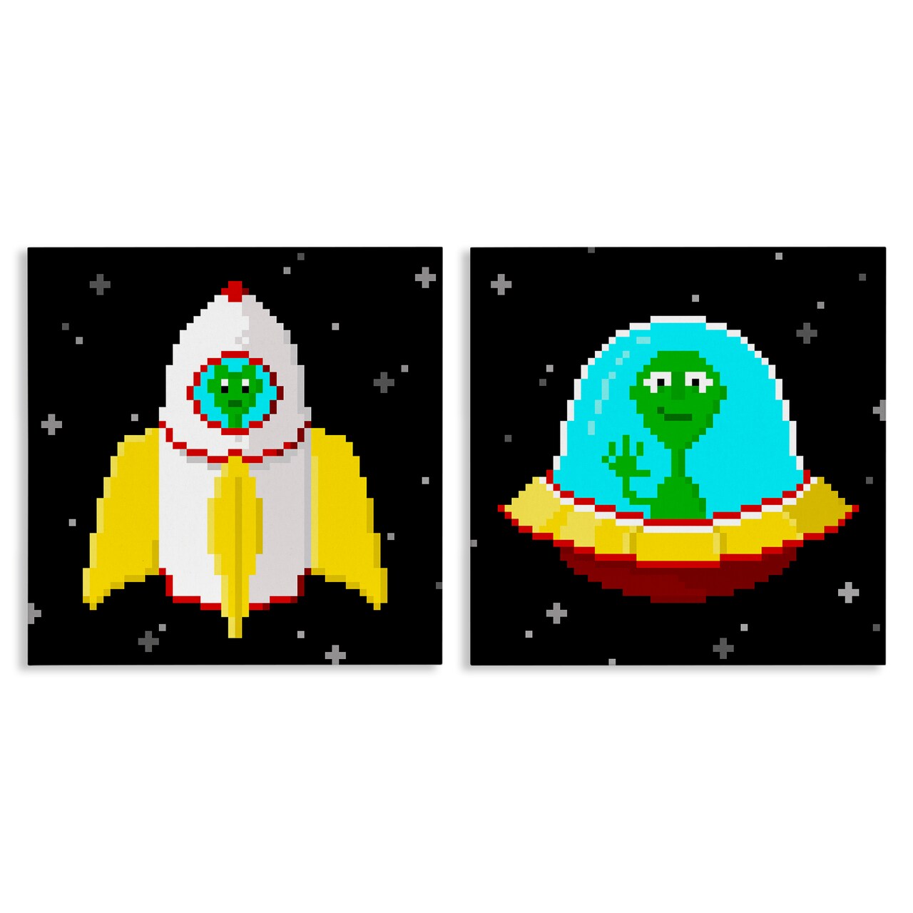 Stupell Industries Pixel Alien Spaceships 2pc Canvas Wall Art Set Design by June Erica Vess